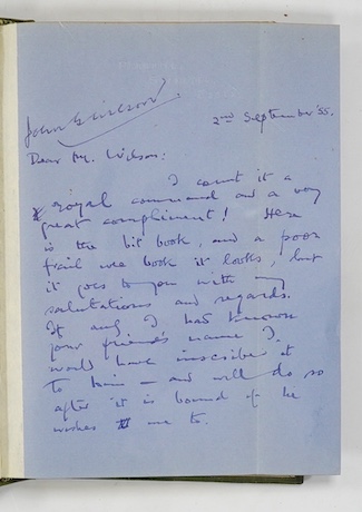 Muir, Augustus - The Intimate Thoughts Of John Baxter, Bookseller, Methuen & Co, 1942, 1st edition, signed by the author and by Cockburn, tipped-in letter from Muir to a Mr Wilson, gilt crushed green morocco by D.K.